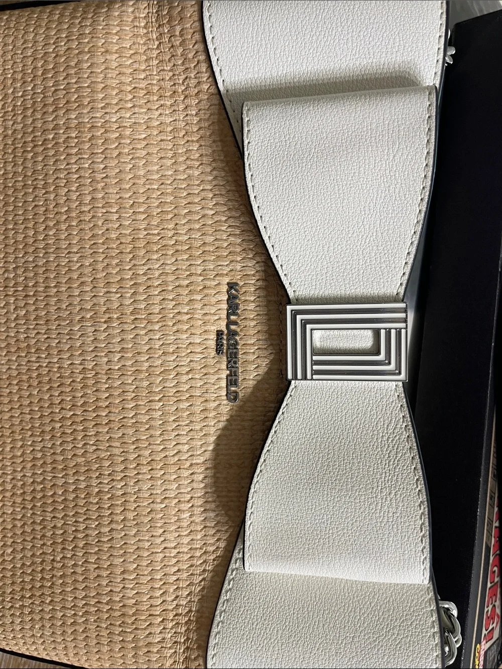 Karl Lagerfeld Cream & Natural Raffia Bow-Trim Shoulder Bag